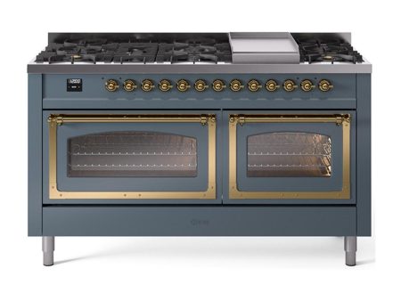 Ilve UN60FNMPBGG Ilve Un60Fnmpbgg Nostalgie Ii Noblesse 60  Dual Fuel Range (9 Sealed Burners + Griddle, Natural Gas, Triple Glass Door, Blue Grey, Brass) Hot on Sale