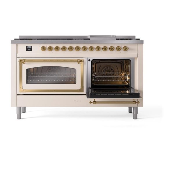 Ilve UN60FNMPAWGLP Ilve Un60Fnmpawglp Nostalgie Ii Noblesse 60  Dual Fuel Range (9 Sealed Burners + Griddle, Liquid Propane, Triple Glass Door, Antique White, Brass) For Discount