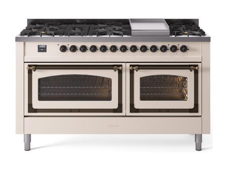 Ilve UN60FNMPAWBLP Ilve Un60Fnmpawblp Nostalgie Ii Noblesse 60  Dual Fuel Range (9 Sealed Burners + Griddle, Liquid Propane, Triple Glass Door, Antique White, Burnished) Online now