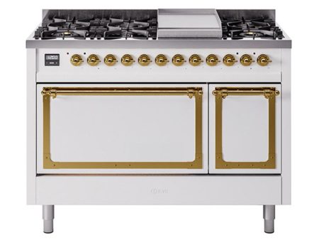 Ilve UN48FQNMPWHGLP Ilve Un48Fqnmpwhglp Nostalgie Ii Noblesse 48  Dual Fuel Range (8 Sealed Burners + Griddle, Liquid Propane, Solid Door, White, Brass) Hot on Sale