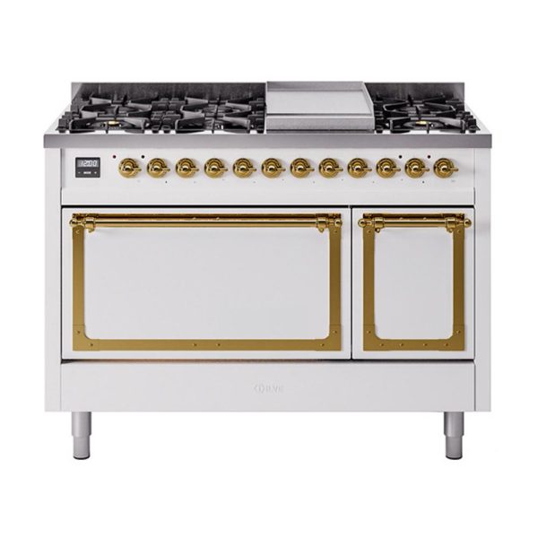 Ilve UN48FQNMPWHGLP Ilve Un48Fqnmpwhglp Nostalgie Ii Noblesse 48  Dual Fuel Range (8 Sealed Burners + Griddle, Liquid Propane, Solid Door, White, Brass) Hot on Sale