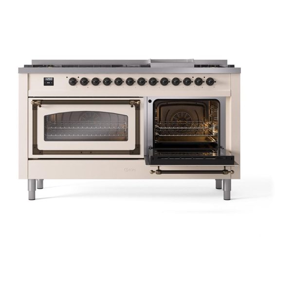 Ilve UN60FNMPAWBLP Ilve Un60Fnmpawblp Nostalgie Ii Noblesse 60  Dual Fuel Range (9 Sealed Burners + Griddle, Liquid Propane, Triple Glass Door, Antique White, Burnished) Online now