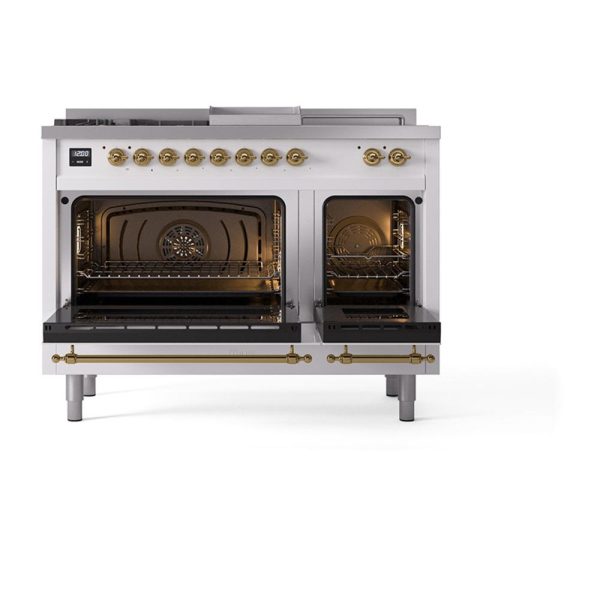 Ilve UN48FSQNMPWHGLP Ilve Un48Fsqnmpwhglp Nostalgie Ii Noblesse 48  Dual Fuel Range (5 Sealed Burners + Griddle + French Top, Liquid Propane, Solid Door, White, Brass) Online Sale