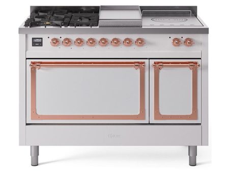 Ilve UN48FSQNMPWHP Ilve Un48Fsqnmpwhp Nostalgie Ii Noblesse 48  Dual Fuel Range (5 Sealed Burners + Griddle + French Top, Natural Gas, Solid Door, White, Copper) For Discount