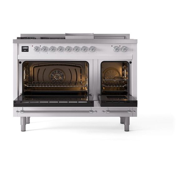 Ilve UN48FSQNMPWHCLP Ilve Un48Fsqnmpwhclp Nostalgie Ii Noblesse 48  Dual Fuel Range (5 Sealed Burners + Griddle + French Top, Liquid Propane, Solid Door, White, Chrome) Supply