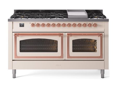 Ilve UN60FNMPAWP Ilve Un60Fnmpawp Nostalgie Ii Noblesse 60  Dual Fuel Range (9 Sealed Burners + Griddle, Natural Gas, Triple Glass Door, Antique White, Copper) Online Hot Sale