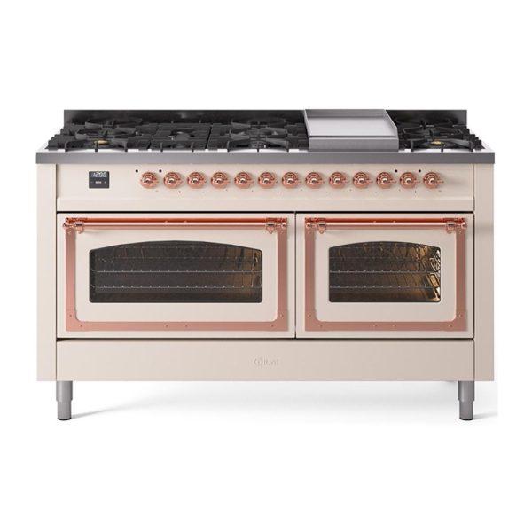 Ilve UN60FNMPAWP Ilve Un60Fnmpawp Nostalgie Ii Noblesse 60  Dual Fuel Range (9 Sealed Burners + Griddle, Natural Gas, Triple Glass Door, Antique White, Copper) Online Hot Sale