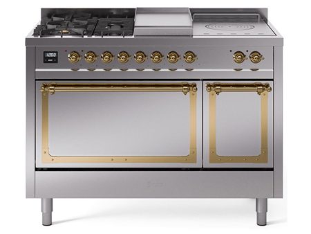 Ilve UN48FSQNMPSSGLP Ilve Un48Fsqnmpssglp Nostalgie Ii Noblesse 48  Dual Fuel Range (5 Sealed Burners + Griddle + French Top, Liquid Propane, Solid Door, Stainless Steel, Brass) Online now