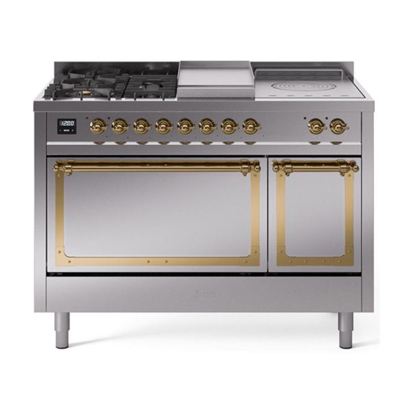 Ilve UN48FSQNMPSSGLP Ilve Un48Fsqnmpssglp Nostalgie Ii Noblesse 48  Dual Fuel Range (5 Sealed Burners + Griddle + French Top, Liquid Propane, Solid Door, Stainless Steel, Brass) Online now