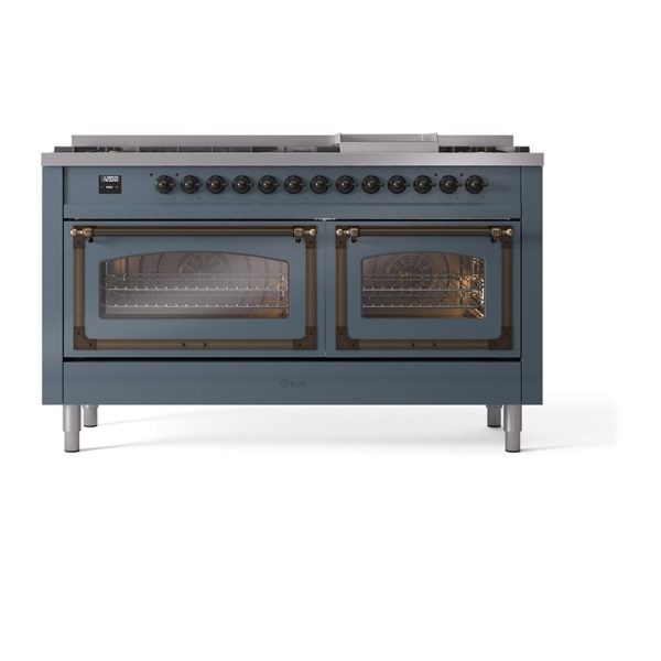 Ilve UN60FNMPBGB Ilve Un60Fnmpbgb Nostalgie Ii Noblesse 60  Dual Fuel Range (9 Sealed Burners + Griddle, Natural Gas, Triple Glass Door, Blue Grey, Burnished) Discount