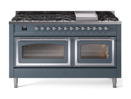 Ilve UN60FNMPBGCLP Ilve Un60Fnmpbgclp Nostalgie Ii Noblesse 60  Dual Fuel Range (9 Sealed Burners + Griddle, Liquid Propane, Triple Glass Door, Blue Grey, Chrome) Hot on Sale