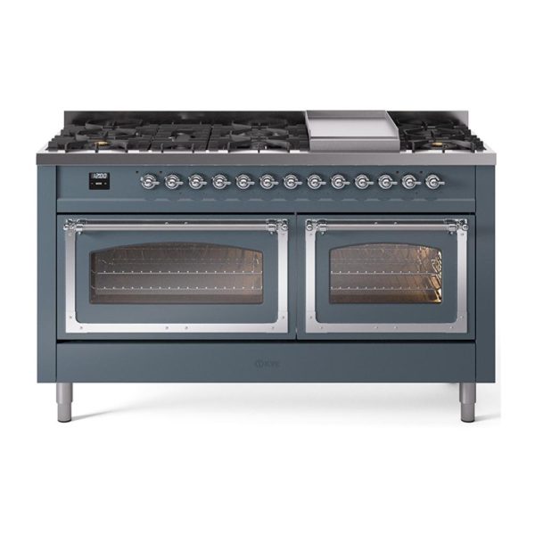 Ilve UN60FNMPBGCLP Ilve Un60Fnmpbgclp Nostalgie Ii Noblesse 60  Dual Fuel Range (9 Sealed Burners + Griddle, Liquid Propane, Triple Glass Door, Blue Grey, Chrome) Hot on Sale