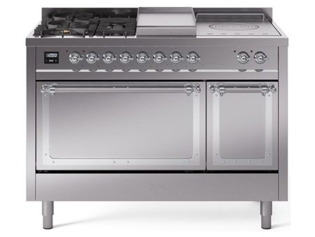 Ilve UN48FSQNMPSSCLP Ilve Un48Fsqnmpssclp Nostalgie Ii Noblesse 48  Dual Fuel Range (5 Sealed Burners + Griddle + French Top, Liquid Propane, Solid Door, Stainless Steel, Chrome) Sale