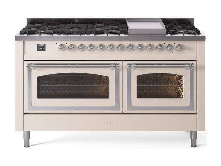 Ilve UN60FNMPAWCLP Ilve Un60Fnmpawclp Nostalgie Ii Noblesse 60  Dual Fuel Range (9 Sealed Burners + Griddle, Liquid Propane, Triple Glass Door, Antique White, Chrome) Discount