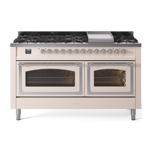 Ilve UN60FNMPAWCLP Ilve Un60Fnmpawclp Nostalgie Ii Noblesse 60  Dual Fuel Range (9 Sealed Burners + Griddle, Liquid Propane, Triple Glass Door, Antique White, Chrome) Discount