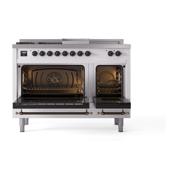 Ilve UN48FSQNMPWHBLP Ilve Un48Fsqnmpwhblp Nostalgie Ii Noblesse 48  Dual Fuel Range (5 Sealed Burners + Griddle + French Top, Liquid Propane, Solid Door, White, Burnished) For Discount