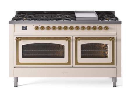 Ilve UN60FNMPAWG Ilve Un60Fnmpawg Nostalgie Ii Noblesse 60  Dual Fuel Range (9 Sealed Burners + Griddle, Natural Gas, Triple Glass Door, Antique White, Brass) For Cheap