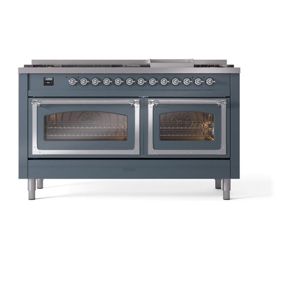 Ilve UN60FNMPBGCLP Ilve Un60Fnmpbgclp Nostalgie Ii Noblesse 60  Dual Fuel Range (9 Sealed Burners + Griddle, Liquid Propane, Triple Glass Door, Blue Grey, Chrome) Hot on Sale