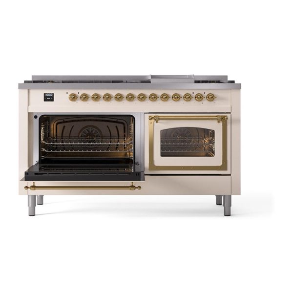 Ilve UN60FNMPAWGLP Ilve Un60Fnmpawglp Nostalgie Ii Noblesse 60  Dual Fuel Range (9 Sealed Burners + Griddle, Liquid Propane, Triple Glass Door, Antique White, Brass) For Discount