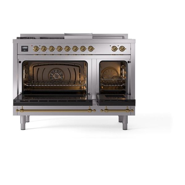 Ilve UN48FSQNMPSSGLP Ilve Un48Fsqnmpssglp Nostalgie Ii Noblesse 48  Dual Fuel Range (5 Sealed Burners + Griddle + French Top, Liquid Propane, Solid Door, Stainless Steel, Brass) Online now