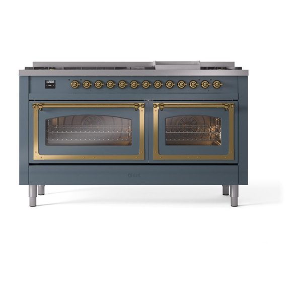 Ilve UN60FNMPBGGLP Ilve Un60Fnmpbgglp Nostalgie Ii Noblesse 60  Dual Fuel Range (9 Sealed Burners + Griddle, Liquid Propane, Triple Glass Door, Blue Grey, Brass) Online Sale