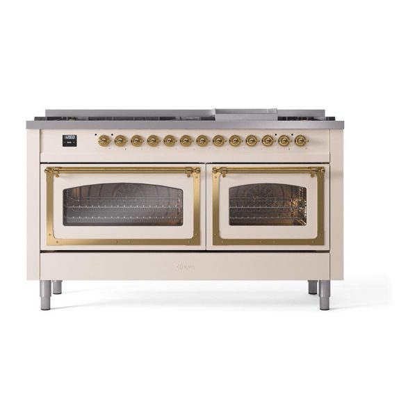 Ilve UN60FNMPAWGLP Ilve Un60Fnmpawglp Nostalgie Ii Noblesse 60  Dual Fuel Range (9 Sealed Burners + Griddle, Liquid Propane, Triple Glass Door, Antique White, Brass) For Discount