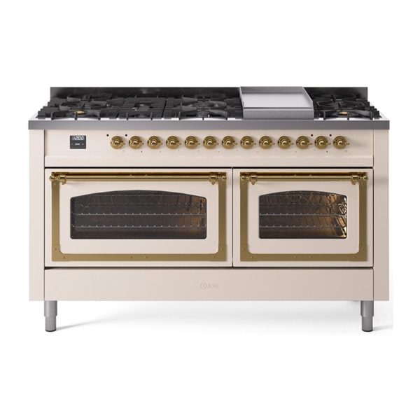 Ilve UN60FNMPAWGLP Ilve Un60Fnmpawglp Nostalgie Ii Noblesse 60  Dual Fuel Range (9 Sealed Burners + Griddle, Liquid Propane, Triple Glass Door, Antique White, Brass) For Discount