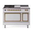 Ilve UN48FSQNMPWHGLP Ilve Un48Fsqnmpwhglp Nostalgie Ii Noblesse 48  Dual Fuel Range (5 Sealed Burners + Griddle + French Top, Liquid Propane, Solid Door, White, Brass) Online Sale