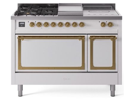 Ilve UN48FSQNMPWHGLP Ilve Un48Fsqnmpwhglp Nostalgie Ii Noblesse 48  Dual Fuel Range (5 Sealed Burners + Griddle + French Top, Liquid Propane, Solid Door, White, Brass) Online Sale