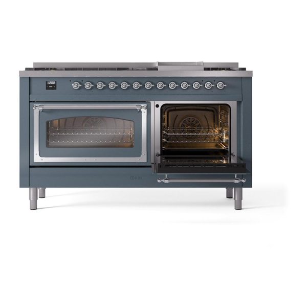 Ilve UN60FNMPBGCLP Ilve Un60Fnmpbgclp Nostalgie Ii Noblesse 60  Dual Fuel Range (9 Sealed Burners + Griddle, Liquid Propane, Triple Glass Door, Blue Grey, Chrome) Hot on Sale