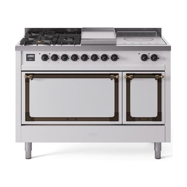 Ilve UN48FSQNMPWHB Ilve Un48Fsqnmpwhb Nostalgie Ii Noblesse 48  Dual Fuel Range (5 Sealed Burners + Griddle + French Top, Natural Gas, Solid Door, White, Burnished) Online Hot Sale