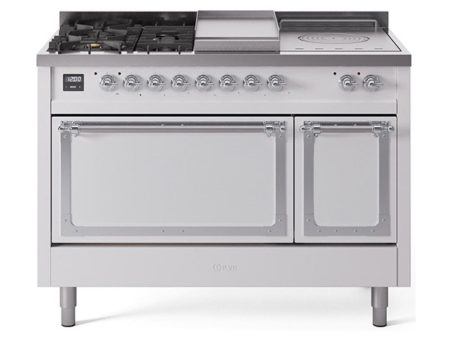 Ilve UN48FSQNMPWHC Ilve Un48Fsqnmpwhc Nostalgie Ii Noblesse 48  Dual Fuel Range (5 Sealed Burners + Griddle + French Top, Natural Gas, Solid Door, White, Chrome) on Sale