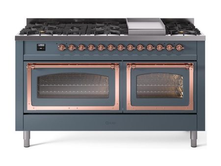 Ilve UN60FNMPBGP Ilve Un60Fnmpbgp Nostalgie Ii Noblesse 60  Dual Fuel Range (9 Sealed Burners + Griddle, Natural Gas, Triple Glass Door, Blue Grey, Copper) Discount