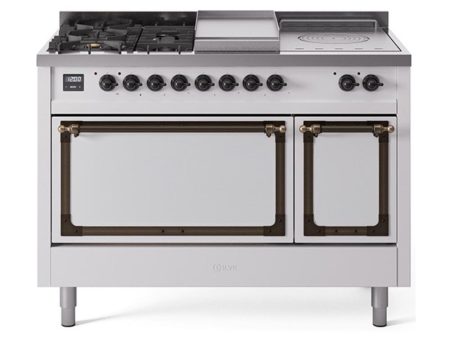 Ilve UN48FSQNMPWHBLP Ilve Un48Fsqnmpwhblp Nostalgie Ii Noblesse 48  Dual Fuel Range (5 Sealed Burners + Griddle + French Top, Liquid Propane, Solid Door, White, Burnished) For Discount