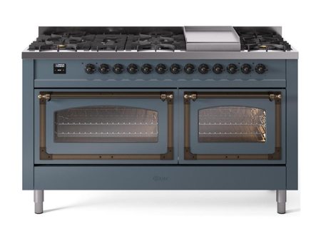 Ilve UN60FNMPBGBLP Ilve Un60Fnmpbgblp Nostalgie Ii Noblesse 60  Dual Fuel Range (9 Sealed Burners + Griddle, Liquid Propane, Triple Glass Door, Blue Grey, Burnished) Online now