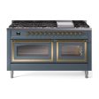 Ilve UN60FNMPBGGLP Ilve Un60Fnmpbgglp Nostalgie Ii Noblesse 60  Dual Fuel Range (9 Sealed Burners + Griddle, Liquid Propane, Triple Glass Door, Blue Grey, Brass) Online Sale