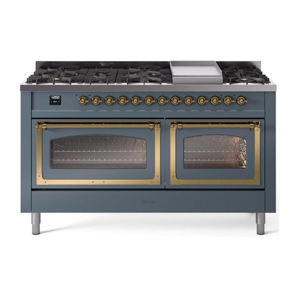 Ilve UN60FNMPBGGLP Ilve Un60Fnmpbgglp Nostalgie Ii Noblesse 60  Dual Fuel Range (9 Sealed Burners + Griddle, Liquid Propane, Triple Glass Door, Blue Grey, Brass) Online Sale