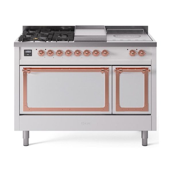 Ilve UN48FSQNMPWHPLP Ilve Un48Fsqnmpwhplp Nostalgie Ii Noblesse 48  Dual Fuel Range (5 Sealed Burners + Griddle + French Top, Liquid Propane, Solid Door, White, Copper) Online