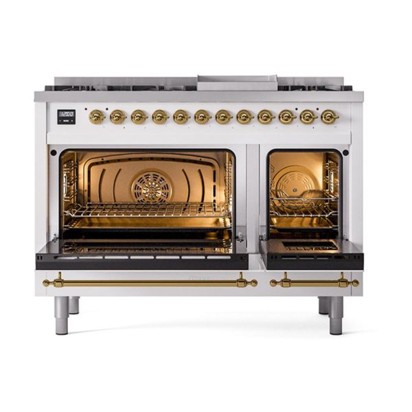 Ilve UN48FQNMPWHGLP Ilve Un48Fqnmpwhglp Nostalgie Ii Noblesse 48  Dual Fuel Range (8 Sealed Burners + Griddle, Liquid Propane, Solid Door, White, Brass) Hot on Sale