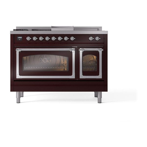 Ilve UN48FSNMPBUC Ilve Un48Fsnmpbuc Nostalgie Ii Noblesse 48  Dual Fuel Range (5 Sealed Burners + Griddle + French Top, Natural Gas, Triple Glass Door, Burgundy, Chrome) Online now