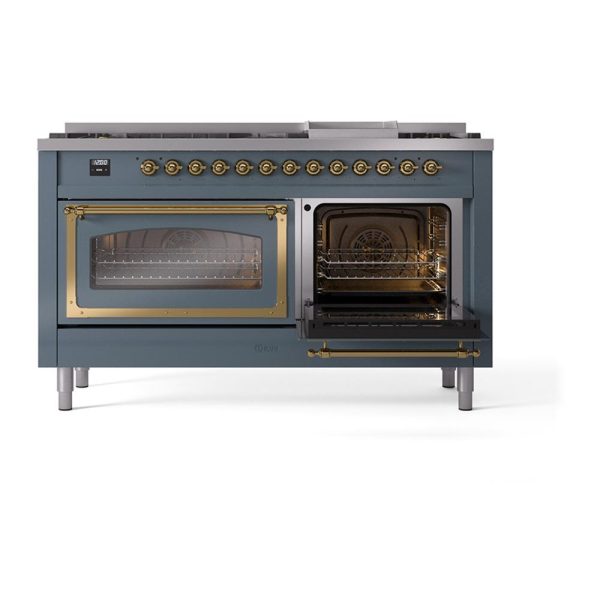 Ilve UN60FNMPBGGLP Ilve Un60Fnmpbgglp Nostalgie Ii Noblesse 60  Dual Fuel Range (9 Sealed Burners + Griddle, Liquid Propane, Triple Glass Door, Blue Grey, Brass) Online Sale