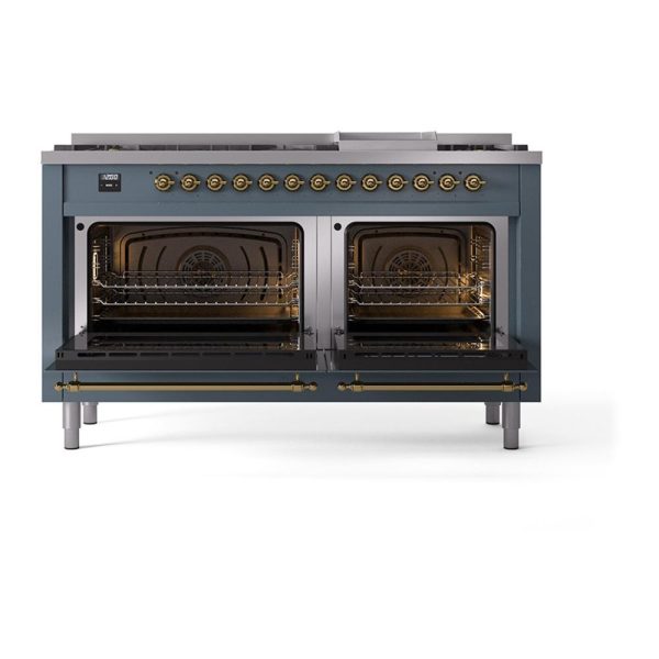 Ilve UN60FNMPBGGLP Ilve Un60Fnmpbgglp Nostalgie Ii Noblesse 60  Dual Fuel Range (9 Sealed Burners + Griddle, Liquid Propane, Triple Glass Door, Blue Grey, Brass) Online Sale