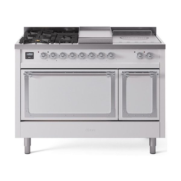 Ilve UN48FSQNMPWHCLP Ilve Un48Fsqnmpwhclp Nostalgie Ii Noblesse 48  Dual Fuel Range (5 Sealed Burners + Griddle + French Top, Liquid Propane, Solid Door, White, Chrome) Supply