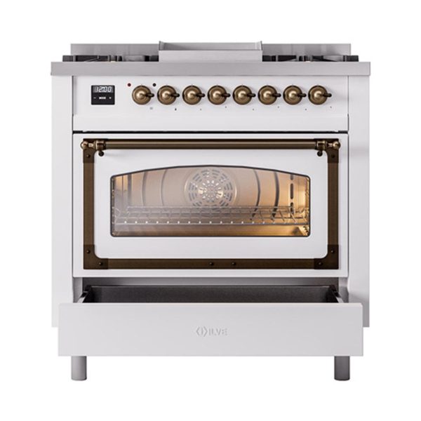 Ilve UN36FNMPWHBLP Ilve Un36Fnmpwhblp Nostalgie Ii Noblesse 36  Dual Fuel Range (Liquid Propane, Triple Glass Door, White, Burnished) Online